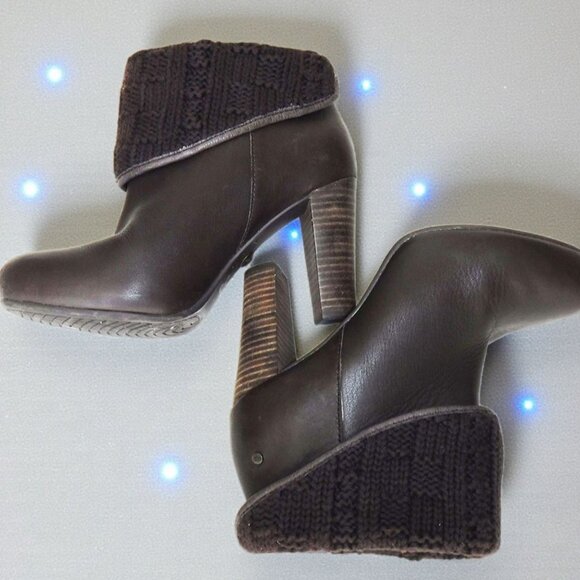 UGG Women’s Brown Leather Knit Cuff Heeled Ankle Boots - Picture 2 of 5